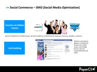 >> Social Commerce – SMO (Social Media Optmization)




Eventos em Mídias
     Sociais


Eventos mediáticos em mídias sociais, tais como webinars, conferências de imprensa, concursos, seleções, e mostras;


                                                                                                      Adiciona comentários
                                                                                                      ligados a conteúdo de
                                                                                                      terceiros em mídias
                                                                                                      sociais, como blogs,
    Link Building                                                                                     fóruns e sites de
                                                                                                      compartilhamento de
                                                                                                      mídia.
 