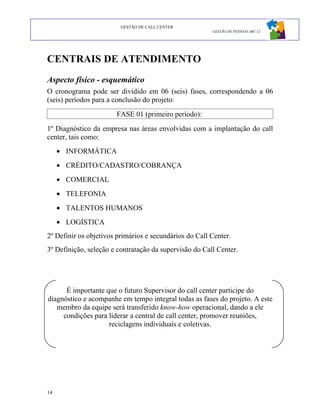 GESTÃO DE CALL CENTER
                                                        GESTÃO DE PESSOAS ABC 12




CENTRAIS DE ATENDIMENTO
Aspecto físico - esquemático
O cronograma pode ser dividido em 06 (seis) fases, correspondendo a 06
(seis) períodos para a conclusão do projeto.
                       FASE 01 (primeiro período):
1º Diagnóstico da empresa nas áreas envolvidas com a implantação do call
center, tais como:
     • INFORMÁTICA
     • CRÉDITO/CADASTRO/COBRANÇA
     • COMERCIAL
     • TELEFONIA
     • TALENTOS HUMANOS
     • LOGÍSTICA
2º Definir os objetivos primários e secundários do Call Center.
3º Definição, seleção e contratação da supervisão do Call Center.




      É importante que o futuro Supervisor do call center participe do
diagnóstico e acompanhe em tempo integral todas as fases do projeto. A este
   membro da equipe será transferido know-how operacional, dando a ele
     condições para liderar a central de call center, promover reuniões,
                    reciclagens individuais e coletivas.




14
 