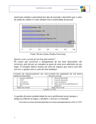 GESTÃO DE CALL CENTER
                                                                                     GESTÃO DE PESSOAS ABC 12




americano estudou o percentual por tipo de mercado e descobriu que o setor
de cartão de crédito é o mais afetado com a rotatividade do pessoal.


                           Software, 10%

                                 Hardware, 14%

                                          Seguros, 20%

                                                     Financial, 27%
                                                                                            Cartão de
                                                                                           Crédito, 56%



           0            0.1             0.2            0.3            0.4            0.5             0.6


                          Fonte: Dr Jon Anton, Purdue University

Quanto custa a perda de um bom funcionário?
Os custos que envolvem o desligamento de um bom funcionário são
invisíveis, pois devem ser somados ao gasto de uma nova admissão em seu
lugar. O exemplo abaixo mostra um setor de seguros que estava com alto
turnover e quanto seria o custo de uma mudança:

CUSTOS DE DESLIGAMENTO DE UM CUSTOS DE ADMISSÃO DE UM NOVO
BOM FUNCIONÁRIO              EM SEU LUGAR
    • Encargos trabalhistas                                    •  Menor produtividade
    • FGTS                                                     •  Custo de treinamento
    • Aviso prévio                                             •  Custo de admissão
    • Documentação                                             •  Maior tempo de acompanhamento do
    • DP                                                          supervisor
    Média: R$ 2.520,00                                        Média: R$ 9.157,00
                                                 Total R$ 11.677,00



A questão da menor produtividade do novo profissional ocorre porque o
antigo já conhecia as regras, o produto, o serviço e o mercado.
      Pesquisa http://www.reisner.com.br/index.php?id=http://www.reisner.com.br/paginas.php?cod=4, obtida em 21/05/07




3
 