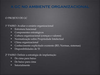 A GC NO AMBIENTE ORGANIZACIONAL

O PROJETO DE GC


1º PASSO: Avaliar o cenário organizacional
    • Estrutura funcional
    • Componentes estratégicos
    • Cultura organizacional (crenças e valores)
    • Normatização sobre Propriedade Intelectual
    • Clima organizacional
    • Conhecimento explicitado existente (BD, Normas, sistemas)
    • Disponibilidades de TI

2º PASSO: Definir a estratégia de implantação
    • De cima para baixo
    • De baixo para cima
    • Setorialmente
 