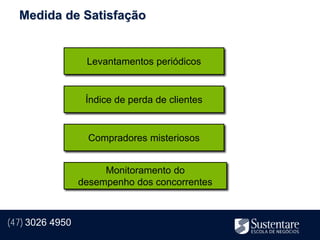 Medida de Satisfação


                  Levantamentos periódicos


                  Índice de perda de clientes


                   Compradores misteriosos


                      Monitoramento do
                 desempenho dos concorrentes



(47) 3026 4950
 