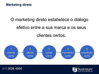 Marketing direto



      O marketing direto estabelece o diálogo
             efetivo entre a sua marca e os seus
                           clientes certos.


     1              2            3            4      5
   cliente        oferta       canal    momento   resultado
    certo         certa        certo     certo      certo



(47) 3026 4950
 