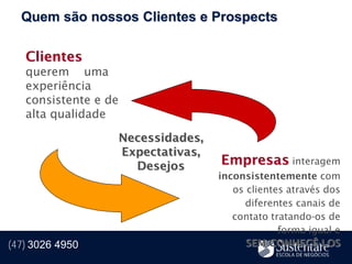 Quem são nossos Clientes e Prospects

   Clientes
   querem uma
   experiência
   consistente e de
   alta qualidade

                      Necessidades,
                      Expectativas,
                        Desejos       Empresas interagem
                                      inconsistentemente com
                                         os clientes através dos
                                           diferentes canais de
                                         contato tratando-os de
                                                   forma igual e
(47) 3026 4950                              SEM CONHECÊ-LOS
 