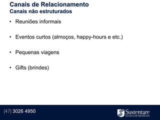 Canais de Relacionamento
  Canais não estruturados
  • Reuniões informais

  • Eventos curtos (almoços, happy-hours e etc.)

  • Pequenas viagens

  • Gifts (brindes)




(47) 3026 4950
 