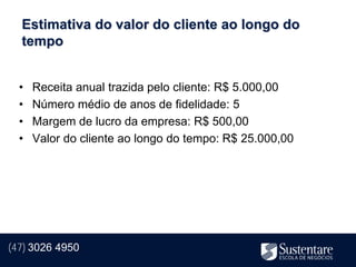 Estimativa do valor do cliente ao longo do
  tempo


  •   Receita anual trazida pelo cliente: R$ 5.000,00
  •   Número médio de anos de fidelidade: 5
  •   Margem de lucro da empresa: R$ 500,00
  •   Valor do cliente ao longo do tempo: R$ 25.000,00




(47) 3026 4950
 