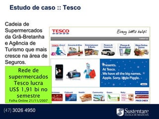 Estudo de caso :: Tesco

Cadeia de
Supermercados
da Grã-Bretanha
e Agência de
Turismo que mais
cresce na área de
Seguros.
      Rede de
  supermercados
    Tesco lucra
  US$ 1,91 bi no
     semestre
  Folha Online 21/11/2007


(47) 3026 4950
 
