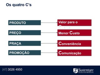 Os quatro C’s



    PRODUTO       Valor para o
                  Cliente
    PREÇO         Menor Custo


    PRAÇA         Conveniência

    PROMOÇÃO      Comunicação


(47) 3026 4950
 