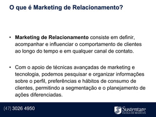 O que é Marketing de Relacionamento?



  • Marketing de Relacionamento consiste em definir,
    acompanhar e influenciar o comportamento de clientes
    ao longo do tempo e em qualquer canal de contato.


  • Com o apoio de técnicas avançadas de marketing e
    tecnologia, podemos pesquisar e organizar informações
    sobre o perfil, preferências e hábitos de consumo de
    clientes, permitindo a segmentação e o planejamento de
    ações diferenciadas.

(47) 3026 4950
 