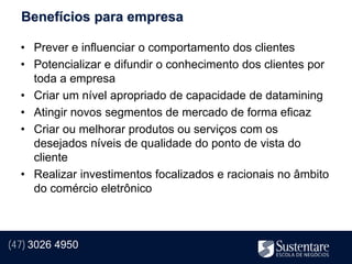 Benefícios para empresa

  • Prever e influenciar o comportamento dos clientes
  • Potencializar e difundir o conhecimento dos clientes por
    toda a empresa
  • Criar um nível apropriado de capacidade de datamining
  • Atingir novos segmentos de mercado de forma eficaz
  • Criar ou melhorar produtos ou serviços com os
    desejados níveis de qualidade do ponto de vista do
    cliente
  • Realizar investimentos focalizados e racionais no âmbito
    do comércio eletrônico



(47) 3026 4950
 