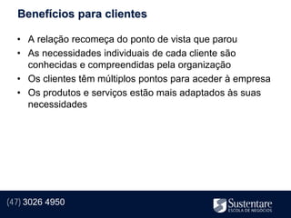 Benefícios para clientes

  • A relação recomeça do ponto de vista que parou
  • As necessidades individuais de cada cliente são
    conhecidas e compreendidas pela organização
  • Os clientes têm múltiplos pontos para aceder à empresa
  • Os produtos e serviços estão mais adaptados às suas
    necessidades




(47) 3026 4950
 