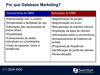 Por que Database Marketing?

  Característica do DBM               Aplicações do DBM

  •Interatividade com o usuário       •Segmentação de grupos
  •Simplicidade e facilidade de uso   •Segmentação um-a-um
  •Satisfação das necessidade de      •Recuperação de clientes inativos
  outras áreas                        •Ampliação da base de clientes
  •Flexibilidade                      •Informações sobre a concorrência
  •Fornecimento de dados              •Armazenamento do histórico de
  individuais ou consolidados         contato
  •Visão de passado, futuro e         •Programas de freqüência
  tendências                          •Identificação de perfis de clientes
                                      •Personalização




(47) 3026 4950
 