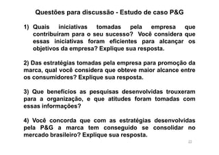 Questões para discussão - Estudo de caso P&G
1) Quais
iniciativas
tomadas
pela
empresa
que
contribuíram para o seu sucesso? Você considera que
essas iniciativas foram eficientes para alcançar os
objetivos da empresa? Explique sua resposta.
2) Das estratégias tomadas pela empresa para promoção da
marca, qual você considera que obteve maior alcance entre
os consumidores? Explique sua resposta.
3) Que benefícios as pesquisas desenvolvidas trouxeram
para a organização, e que atitudes foram tomadas com
essas informações?
4) Você concorda que com as estratégias desenvolvidas
pela P&G a marca tem conseguido se consolidar no
mercado brasileiro? Explique sua resposta.
23

 