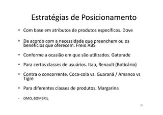 Estratégias de Posicionamento
• Com base em atributos de produtos específicos. Dove
• De acordo com a necessidade que preenchem ou os
benefícios que oferecem. Freio ABS
• Conforme a ocasião em que são utilizados. Gatorade
• Para certas classes de usuários. Itaú, Renault (Boticário)
• Contra o concorrente. Coca-cola vs. Guaraná / Amanco vs
Tigre
• Para diferentes classes de produtos. Margarina
-

OMO, BOMBRIL
32

 