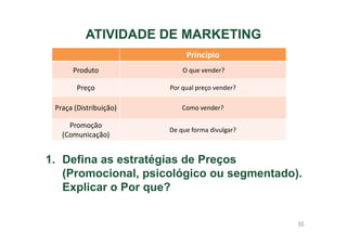 ATIVIDADE DE MARKETING
Princípio
Produto

O que vender?

Preço

Por qual preço vender?

Praça (Distribuição)

Como vender?

Promoção
(Comunicação)

De que forma divulgar?

1. Defina as estratégias de Preços
(Promocional, psicológico ou segmentado).
Explicar o Por que?
65

 