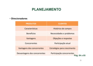 PLANEJAMENTO
• Direcionadores
PRODUTOS

CLIENTES

Características

Histórico de compra

Benefícios

Necessidades e problemas

Vantagens

Objeções e respostas

Concorrentes

Participação atual

Vantagens dos concorrentes

Estratégias para crescimento

Desvantagens dos concorrentes

Participação concorrentes
Pág. 84 a 85
85

 