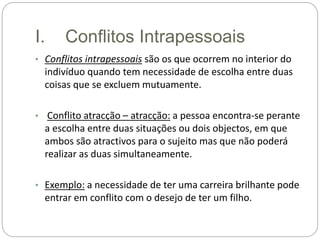 I. Conflitos Intrapessoais
• Conflitos intrapessoais são os que ocorrem no interior do
indivíduo quando tem necessidade de escolha entre duas
coisas que se excluem mutuamente.
• Conflito atracção – atracção: a pessoa encontra-se perante
a escolha entre duas situações ou dois objectos, em que
ambos são atractivos para o sujeito mas que não poderá
realizar as duas simultaneamente.
• Exemplo: a necessidade de ter uma carreira brilhante pode
entrar em conflito com o desejo de ter um filho.
 