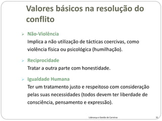  Não-Violência
Implica a não utilização de tácticas coercivas, como
violência física ou psicológica (humilhação).
 Reciprocidade
Tratar a outra parte com honestidade.
 Igualdade Humana
Ter um tratamento justo e respeitoso com consideração
pelas suas necessidades (todos devem ter liberdade de
consciência, pensamento e expressão).
31
Liderança e Gestão de Carreiras
Valores básicos na resolução do
conflito
 