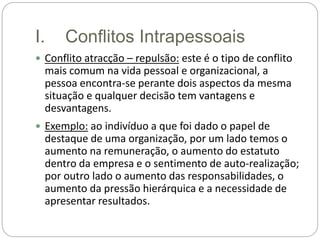I. Conflitos Intrapessoais
 Conflito atracção – repulsão: este é o tipo de conflito
mais comum na vida pessoal e organizacional, a
pessoa encontra-se perante dois aspectos da mesma
situação e qualquer decisão tem vantagens e
desvantagens.
 Exemplo: ao indivíduo a que foi dado o papel de
destaque de uma organização, por um lado temos o
aumento na remuneração, o aumento do estatuto
dentro da empresa e o sentimento de auto-realização;
por outro lado o aumento das responsabilidades, o
aumento da pressão hierárquica e a necessidade de
apresentar resultados.
 