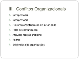 III. Conflitos Organizacionais
 Intrapessoais
 Interpessoais
 Hierarquia/distribuição de autoridade
 Falta de comunicação
 Atitudes face ao trabalho
 Regras
 Exigências das organizações
 