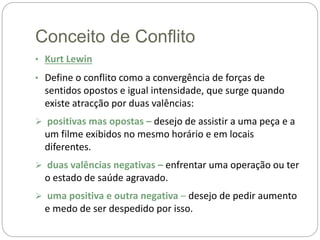 Conceito de Conflito
• Kurt Lewin
• Define o conflito como a convergência de forças de
sentidos opostos e igual intensidade, que surge quando
existe atracção por duas valências:
 positivas mas opostas – desejo de assistir a uma peça e a
um filme exibidos no mesmo horário e em locais
diferentes.
 duas valências negativas – enfrentar uma operação ou ter
o estado de saúde agravado.
 uma positiva e outra negativa – desejo de pedir aumento
e medo de ser despedido por isso.
 