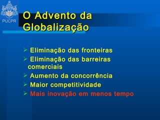 O Advento da Globalização Eliminação das fronteiras Eliminação das barreiras comerciais  Aumento da concorrência  Maior competitividade  Mais inovação em menos tempo 