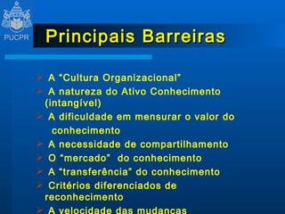Principais Barreiras A “Cultura Organizacional” A natureza do Ativo Conhecimento (intangível) A dificuldade em mensurar o valor do   conhecimento A necessidade de compartilhamento O “mercado”  do conhecimento A “transferência” do conhecimento Critérios diferenciados de reconhecimento A velocidade das mudanças 