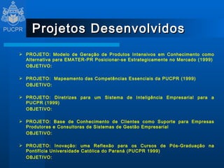 Projetos Desenvolvidos PROJETO: Modelo de Geração de Produtos Intensivos em Conhecimento como Alternativa para EMATER-PR Posicionar-se Estrategicamente no Mercado (1999) OBJETIVO:    PROJETO:  Mapeamento das Competências Essenciais da PUCPR (1999) OBJETIVO:    PROJETO: Diretrizes para um Sistema de Inteligência Empresarial para a PUCPR (1999) OBJETIVO:  PROJETO: Base de Conhecimento de Clientes como Suporte para Empresas Produtoras e Consultoras de Sistemas de Gestão Empresarial OBJETIVO:  PROJETO: Inovação: uma Reflexão para os Cursos de Pós-Graduação na Pontifícia Universidade Católica do Paraná (PUCPR 1999) OBJETIVO:  