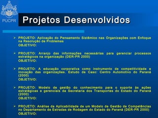 Projetos Desenvolvidos PROJETO: Aplicação do Pensamento Sistêmico nas Organizações com Enfoque na Resolução de Problemas OBJETIVO:  PROJETO: Arranjo das informações necessárias para gerenciar processos estratégicos na organização (DER-PR 2000) OBJETIVO:  PROJETO: A educação corporativa como instrumento de competitividade e inovação das organizações. Estudo de Caso: Centro Automotivo do Paraná (2000) OBJETIVO:    PROJETO: Modelo de gestão do conhecimento para o suporte às ações estratégicas e gerenciais da Secretaria dos Transportes do Estado do Paraná (2000) OBJETIVO:  PROJETO: Análise da Aplicabilidade de um Modelo de Gestão de Competências no Departamento de Estradas de Rodagem do Estado do Paraná (DER-PR 2000) OBJETIVO:  
