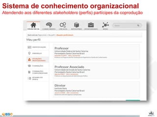 Sistema de conhecimento organizacional 
Atendendo aos diferentes stakeholders (perfis) partícipes da coprodução 
 