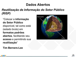 Dados Abertos 
Reutilização de Informação do Setor Público 
(RISP) 
“Colocar a informação 
do Setor Público 
disponível, tal como está 
(estado bruto) em 
formatos padrões 
abertos, facilitando seu 
acesso e permitindo sua 
reutilização” 
Tim Berners-Lee 
 