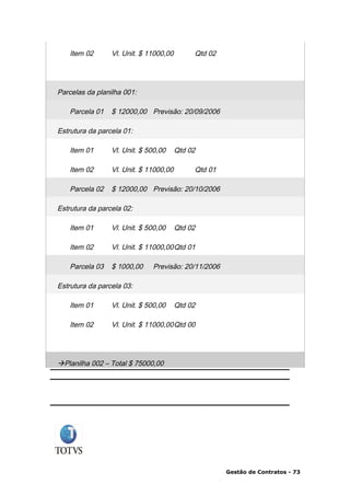Item 02       Vl. Unit. $ 11000,00        Qtd 02




Parcelas da planilha 001:

   Parcela 01    $ 12000,00 Previsão: 20/09/2006

Estrutura da parcela 01:

   Item 01       Vl. Unit. $ 500,00     Qtd 02

   Item 02       Vl. Unit. $ 11000,00        Qtd 01

   Parcela 02    $ 12000,00 Previsão: 20/10/2006

Estrutura da parcela 02:

   Item 01       Vl. Unit. $ 500,00     Qtd 02

   Item 02       Vl. Unit. $ 11000,00Qtd 01

   Parcela 03    $ 1000,00    Previsão: 20/11/2006

Estrutura da parcela 03:

   Item 01       Vl. Unit. $ 500,00     Qtd 02

   Item 02       Vl. Unit. $ 11000,00Qtd 00




Planilha 002 – Total $ 75000,00




                                                      Gestão de Contratos - 73
 