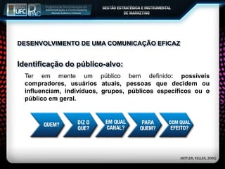 Ter em mente um público bem definido: possíveis
compradores, usuários atuais, pessoas que decidem ou
influenciam, indivíduos, grupos, públicos específicos ou o
público em geral.
Identificação do público-alvo:
(KOTLER; KELLER, 2006)
DESENVOLVIMENTO DE UMA COMUNICAÇÃO EFICAZ
 