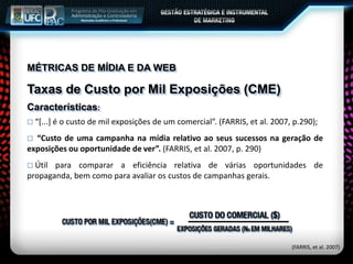 MÉTRICAS DE MÍDIA E DA WEB
Taxas de Custo por Mil Exposições (CME)
Características:
 “[...] é o custo de mil exposições de um comercial”. (FARRIS, et al. 2007, p.290);
 “Custo de uma campanha na mídia relativo ao seus sucessos na geração de
exposições ou oportunidade de ver”. (FARRIS, et al. 2007, p. 290)
 Útil para comparar a eficiência relativa de várias oportunidades de
propaganda, bem como para avaliar os custos de campanhas gerais.
(FARRIS, et al. 2007)
 