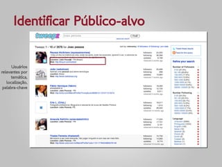 Identificar Público-alvo


      Usuários
relevantes por
      temática,
   localização,
 palabra-chave
 