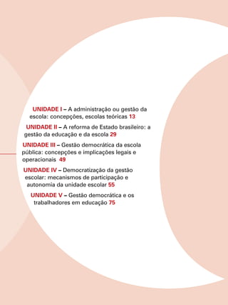 UNIDADE I – A administração ou gestão da
escola: concepções, escolas teóricas 13
UNIDADE II – A reforma de Estado brasileiro: a
gestão da educação e da escola 29
UNIDADE III – Gestão democrática da escola
pública: concepções e implicações legais e
operacionais 49
UNIDADE IV – Democratização da gestão
escolar: mecanismos de participação e
autonomia da unidade escolar 55
UNIDADE V – Gestão democrática e os
trabalhadores em educação 75
 