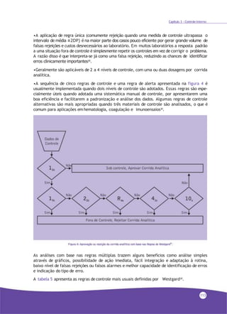 Capítulo 3 - Controle Interno
•A aplicação de regra única (comumente rejeição quando uma medida de controle ultrapassa o
intervalo de média ±2DP) é na maior parte dos casos pouco eficiente por gerar grande volume de
falsas rejeições e custos desnecessários ao laboratório. Em muitos laboratórios a resposta padrão
a uma situação fora de controle é simplesmente repetir os controles em vez de corrigir o problema.
A razão disso é que interpreta-se já como uma falsa rejeição, reduzindo as chances de identificar
erros clinicamente importantes30.
•Geralmente são aplicáveis de 2 a 4 níveis de controle, com uma ou duas dosagens por corrida
analítica.
•A sequência de cinco regras de controle e uma regra de alerta apresentada na figura 4 é
usualmente implementada quando dois níveis de controle são adotados. Essas regras são espe-
cialmente úteis quando adotada uma sistemática manual de controle, por apresentarem uma
boa eficiência e facilitarem a padronização e análise dos dados. Algumas regras de controle
alternativas são mais apropriadas quando três materiais de controle são analisados, o que é
comum para aplicações em hematologia, coagulação e imunoensaios30
.
As análises com base nas regras múltiplas trazem alguns benefícios como análise simples
através de gráficos, possibilidade de ação imediata, fácil integração e adaptação à rotina,
baixo nível de falsas rejeições ou falsos alarmes e melhor capacidade de identificação de erros
e indicação do tipo de erro.
A tabela 5 apresenta as regras de controle mais usuais definidas por Westgard30.
113
 
