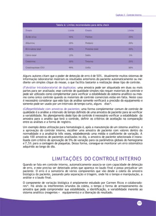 Capítulo 3 - Controle Interno
Alguns autores citam que o poder de detecção de erro é de 50%. Atualmente muitos sistemas de
informação laboratorial mostram os resultados anteriores do paciente automaticamente ou me-
diante um simples clique do mouse, o que facilita bastante a realização desse tipo de controle.
(F)Análise intralaboratorial de duplicatas: uma amostra pode ser aliquotada em duas ou mais
partes para ser analisada; esse controle de qualidade simples não requer materiais de controle e
pode ser utilizado como complementar para verificar a estabilidade do sistema analítico ou mes-
mo como único controle quando os materiais de controle comerciais estão em falta. Neste caso
é necessário considerar que este tipo de análise somente verificará a precisão do equipamento e
somente pode ser usado por um intervalo de tempo curto, alguns dias16.
(G)Repetibilidade com amostras de pacientes: uma forma complementar comum de controle de
qualidade é a análise a intervalo de tempo definido de uma amostra de paciente para se verificar
a variabilidade. No planejamento deste tipo de controle é necessário verificar a estabilidade da
amostra para o analito que terá o controle, definir os critérios de aceitação na comparação
entre as análises e a forma de registro.
Um exemplo desta utilização para hematologia é, após a manutenção de um sistema analítico e
a aprovação do controle interno, escolher uma amostra de paciente com valores dentro da
normalidade e a analisá-la três vezes, estabelecendo uma média e coeficiente de variação. A
cada 100 amostras de pacientes analisadas no dia, a amostra de paciente selecionada é reana-
lisada com critério de aprovação de 5% de variação para os parâmetros globais do hemograma
e 7,5% para a contagem de plaquetas. Dessa forma, consegue-se monitorar um erro sistemático
adquirido ao longo do dia.
LIMITAÇÕES DO CONTROLE INTERNO
Quando se fala em controle interno, automaticamente associa-se com capacidade de detecção
de erro, e este precisa ser detectado antes que apareça no laudo final e possa prejudicar um
paciente. O erro é a somatória de vários componentes que vão desde a coleta da amostra
biológica do paciente, passando pela separação e triagem, onde há o tempo e manipulação, a
análise e o laudo final.
O componente de variação biológica é amplamente estudado por Carmen Ricos e colaborado-
res35. Há ainda os interferentes oriundos da coleta, o tempo e forma de armazenamento da
amostra que pode comprometer sua estabilidade, a identificação, a variabilidade inerente ao
sistema analítico (reagentes + equipamento) e a liberação do resultado.
117
 