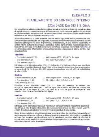 Capítulo 3 - Controle Interno
ExEMPLO 3
PLANEJAMENTO DO CONTROLE INTERNO
COM BASE EM SEIS SIGMA
Um laboratório queadota especificaçãoda qualidade baseadaemvariação biológica estárevendo seuplano
decontrole interno combaseemseis sigma. Até essemomento,eleadotava comopadrão dois (bioquímica)
ou três (hematologia) níveis de controle com uma dosagem diária e as regras múltiplas padrão descritas
originalmentepor Westgard (apresentadas na figura4).
Abaixo são apresentados os dados levantados para três ensaios: triglicérides em soro, creatinina em urina
(24h) e contagem de leucócitos em sangue total. Para cada um foram levantadas as estimativas do erro
sistemático (desempenho no ensaio de proficiência, tendenciosidade), do erro aleatório (desempenho no
controle interno, coeficiente de variação) e calculada a métrica sigma com base na especificação do erro
total definida. Com base no resultado de sigma, foi identificada a estratégia recomendada na tabela 3. O
erro crítico sistemático (ESc) também foi calculado para avaliar a capacidade do sistema atender à espe-
cificaçãodefinida.
• Métrica sigma: (27,9 – 5,2) /6,7 = 3,4 sigma
• ESc: [(27,9-5,2)/6,7)-1,65 = 1,74
Triglicérides
• Errototal admissível:27,9%
• Erro sistemático: 5,2%
• Erro aleatório (CV):6,7%
Estratégia: o erro sistemático crítico (ESc <2) indica alta prioridade demelhoria para redução da
imprecisão einexatidão. O valor desigma indica utilizar dois níveis decontrole duas vezes por dia e
as regras 1 /2 /R /4 /8,com 80 a 95% depoder dedetecção de erro e3 a 7% de probabilidade3s 2s 4s 1s x
defalsa rejeição.
• Métrica sigma: (28,4 – 12,8) /8,7 = 1,8 sigma
• ESc: [(28,4 – 12,8) /8,7]-1,65 = 0,15
Creatinina
•Errototal admissível:28,4%
• Erro sistemático: 12,8%
•Erro aleatório (CV): 8,7%
Estratégia: o erro sistemático crítico (ESc <2) indica alta prioridade de melhoria para
redução da imprecisão e inexatidão. O valor de sigma indica utilizar dois níveis de controle três
vezes por dia e as regras 1 /2 /R /3 /6, com 80 a 95% de poder de detecção de erro3s 2s 4s 1s x
inferior a 20% e7% deprobabilidadedefalsa rejeição.
• Métrica sigma: (14,6 – 2,3) /1,9 = 6,5 sigma
• ESc: [(14,6 – 2,3) /1,9]-1,65 = 4,8
Leucócitos
• Errototal admissível:14,6%
• Erro sistemático: 2,3%
• Erro aleatório (CV):1,9%
Estratégia: o erro sistemático crítico (ESc>4) indica um bomdesempenhodo métodofrente àespecifica-
3s
ção definida. Ovalor de sigma indica utilizar dois níveis de controleumavez por dia ea regra 1 ,com 95
a 100% depoderdedetecçãodeerro inferior a 0% deprobabilidadedefalsa rejeição.
Diante de tais resultados, o laboratório determinou a adoção imediata das estratégias recomendadas, en-
quanto a equipe avalia como melhorar as dosagens bioquímicas para reduzir a imprecisão e inexatidão do
processo. Para leucócitos, não há medida de melhoria, contudo será mantida a adoção de três níveis de
controle, visto esteser padrão deapresentação adquirido epara garantir o funcionamentodo processo para
níveis baixos, normais ealtos decontagem.
123
 