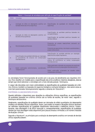 Gestão da Fase Analítica do Laboratório
24
As estratégias foram hierarquizadas de acordo com o seu grau de atendimento aos requisitos clíni-
cos. Para escolher um modelo para a especificação dos erros analíticos máximos desejáveis, deve-se
sempre queviável selecionar a estratégia com a mais elevada posição hierárquica.
A seguir são discutidas com maior profundidade as especificações da qualidade baseadas em crité-
rios clínicos e também as baseadas em aspectos biológicos (variação biológica), visto serem estas as
mais bemposicionadas hierarquicamente segundo o consenso de Estocolmo19.
CRITÉRIOS CLíNICOS ESPECíFICOS
Quando definidas e disponíveis para situações ou utilizações clínicas específicas, as especificações
da qualidade baseadas em critérios clínicos são as fontes de escolha, de maior valor, segundo a
hierarquia deEstocolmo.
Idealmente, especificações da qualidade devem ser derivadas do efeito quantitativo do desempenho
analítico em decisões clínicas específicas. Assim, para todos os ensaios e situações clínicas deveriam
ser definidas especificações da qualidade diretamente relacionadas a desfechos clínicos. Eviden-
temente, essa abordagem é de difícil execução e, consequentemente, especificações da qualidade
obtidas por essa abordagem estão disponíveis para poucos ensaios elimitadas a um número reduzido
desituações clínicas8.
Segundo a literatura20
, os princípios para avaliação do desempenho analítico em tomada de decisão
clínica específica devem:
 