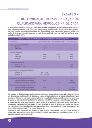 Gestão da Fase Analítica do Laboratório
ExEMPLO 4
DETERMINAÇãO DE ESPECIFICAÇãO DA
QUALIDADE PARA HEMOGLOBINA GLICADA
O laboratório descrito no exemplo 1 está determinando a especificação da qualidade para hemoglo-
bina glicada em sangue total. Como tem dois sistemas analíticos (A e B) para essa determinação,
além de levantar as possíveis especificações da qualidade para este ensaio, levantou também os
dados de desempenho destes sistemas no controle de qualidade para compará-los, conforme apre-
sentado na tabela E4.1.
42
Ao analisar os dados de desempenho dos dois sistemas, o laboratório percebeu que o sistema B tinha
um desempenho muito aquém do sistema A, e que, se fosse determinar uma especificação com base
apenas no sistema A, não seria possível adotar a variação biológica desejada ou mesmo a mínima
proposta no plano de implantação (o erro total real é de 6,6%, enquanto a especificação é 5,9%).
A equipe levou o tema para discussão com a diretoria. A análise do erro total aceito no ensaio de
proficiência nacional (20%) os ajudou a demonstrar que as especificações preconizadas são rígidas
para a realidade das metodologias/tecnologias disponíveis, mas que eles ao menos já atenderiam ao
erro total preconizado pela CLIA com o Sistema A.
Juntamente com a diretoria foi definida a especificação da qualidade para erro total de 8%, a
retirada do sistema B do uso e determinado que deveria ser estudada a possibilidade financeira de
substituir estepor outro sistema A.
 
