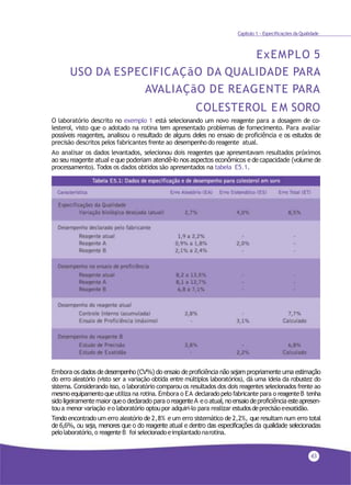 Capítulo 1 - Especificações da Qualidade
ExEMPLO 5
USO DA ESPECIFICAÇãO DA QUALIDADE PARA
AVALIAÇãO DE REAGENTE PARA
COLESTEROL EM SORO
O laboratório descrito no exemplo 1 está selecionando um novo reagente para a dosagem de co-
lesterol, visto que o adotado na rotina tem apresentado problemas de fornecimento. Para avaliar
possíveis reagentes, analisou o resultado de alguns deles no ensaio de proficiência e os estudos de
precisão descritos pelos fabricantes frente ao desempenhodo reagente atual.
Ao analisar os dados levantados, selecionou dois reagentes que apresentavam resultados próximos
ao seu reagente atual e que poderiam atendê-lo nos aspectos econômicos e de capacidade (volume de
processamento). Todos os dados obtidos são apresentados na tabela E5.1.
43
Embora os dados de desempenho(CV%) do ensaio de proficiência não sejam propriamente uma estimação
do erro aleatório (visto ser a variação obtida entre múltiplos laboratórios), dá uma ideia da robustez do
sistema. Considerando isso, o laboratório comparou os resultados dos dois reagentes selecionados frente ao
mesmoequipamentoqueutiliza na rotina. Embora o EA declaradopelofabricante para o reagenteB tenha
sido ligeiramente maior queo declarado para o reagenteA eo atual, noensaio deproficiência esteapresen-
tou a menor variação eo laboratório optoupor adquiri-lo para realizar estudosdeprecisãoeexatidão.
Tendo encontrado um erro aleatório de 2,8% e um erro sistemático de 2,2%, que resultam num erro total
de 6,6%, ou seja, menores que o do reagente atual e dentro das especificações da qualidade selecionadas
pelolaboratório, o reagenteB foi selecionadoeimplantadonarotina.
 