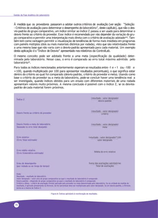 Gestão da Fase Analítica do Laboratório
À medida que os provedores passaram a adotar outros critérios de avaliação (ver seção “Seleção
- Critérios de avaliação para determinar o desempenho do laboratório”, deste capítulo), que não o des-
vio-padrão do grupo comparativo, um índice similar ao índice Z passou a ser usado para determinar o
desvio frente ao critério do provedor. Esse índice érecomendado por não depender da variação do gru-
po comparativo epermitir uma interpretação mais direta com o critério de avaliação adotado4,30. Tam-
bém tem como vantagem permitir a visualização de tendências de forma mais imediata em programas
com painéis múltiplos (dois ou mais materiais distintos por rodada), visto que são relativizados frente
a uma mesma base que não varia com o desvio-padrão apresentado para cada material. Um exemplo
desta aplicação é o “Índice de Desvio” apresentado nos relatórios da ControlLab.
O mesmo conceito pode ser adotado frente a uma meta (especificação da qualidade) deter-
minada pelo laboratório. Nesse caso, o erro é comparado ao erro total máximo admitido pelo
laboratório30
.
Para todos os índices mencionados anteriormente esperam-se resultados entre -1 e + 1 (ou -100 e
+100, quando multiplicado por 100 para apresentar resultados percentuais), o que significa estar
dentro do critério ao qual foi comparado (desvio-padrão, critério do provedor e meta). Usando como
base o critério do provedor ou a meta do laboratório, pode-se concluir haver uma tendência real a
ser investigada, quando índices obtidos para um ensaio com diferentes materiais de uma rodada
apresentam valores muito próximos. A mesma conclusão é possível com o índice Z, se os desvios-
padrão decada material forem próximos.
70
 