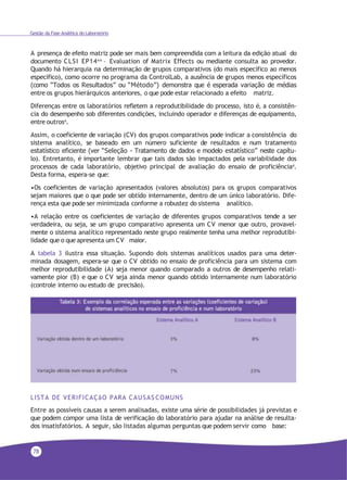 78
Gestão da Fase Analítica do Laboratório
A presença de efeito matriz pode ser mais bem compreendida com a leitura da edição atual do
documento CLSI EP1444 – Evaluation of Matrix Effects ou mediante consulta ao provedor.
Quando há hierarquia na determinação de grupos comparativos (do mais específico ao menos
específico), como ocorre no programa da ControlLab, a ausência de grupos menos específicos
(como “Todos os Resultados” ou “Método”) demonstra que é esperada variação de médias
entre os grupos hierárquicos anteriores, o que pode estar relacionado a efeito matriz.
Diferenças entre os laboratórios refletem a reprodutibilidade do processo, isto é, a consistên-
cia do desempenho sob diferentes condições, incluindo operador e diferenças de equipamento,
entre outros4.
Assim, o coeficiente de variação (CV) dos grupos comparativos pode indicar a consistência do
sistema analítico, se baseado em um número suficiente de resultados e num tratamento
estatístico eficiente (ver “Seleção - Tratamento de dados e modelo estatístico” neste capítu-
lo). Entretanto, é importante lembrar que tais dados são impactados pela variabilidade dos
processos de cada laboratório, objetivo principal de avaliação do ensaio de proficiência4.
Desta forma, espera-se que:
•Os coeficientes de variação apresentados (valores absolutos) para os grupos comparativos
sejam maiores que o que pode ser obtido internamente, dentro de um único laboratório. Dife-
rença esta que pode ser minimizada conforme a robustez do sistema analítico.
•A relação entre os coeficientes de variação de diferentes grupos comparativos tende a ser
verdadeira, ou seja, se um grupo comparativo apresenta um CV menor que outro, provavel-
mente o sistema analítico representado neste grupo realmente tenha uma melhor reprodutibi-
lidade que o que apresenta um CV maior.
A tabela 3 ilustra essa situação. Supondo dois sistemas analíticos usados para uma deter-
minada dosagem, espera-se que o CV obtido no ensaio de proficiência para um sistema com
melhor reprodutibilidade (A) seja menor quando comparado a outros de desempenho relati-
vamente pior (B) e que o CV seja ainda menor quando obtido internamente num laboratório
(controle interno ou estudo de precisão).
LISTA DE VERIFICAÇãO PARA CAUSAS COMUNS
Entre as possíveis causas a serem analisadas, existe uma série de possibilidades já previstas e
que podem compor uma lista de verificação do laboratório para ajudar na análise de resulta-
dos insatisfatórios. A seguir, são listadas algumas perguntas que podem servir como base:
 