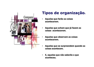 Tipos de organização:
•   Aquelas que farão as coisas
    acontecerem.
    acontecerem.


•   Aquelas que acham que já fazem as
    coisas acontecerem.
            contecerem.


•   Aquelas que observam as coisas
    acontecerem.
    acontecerem.


•   Aquelas que se surpreendem quando as
    coisas acontecem.
           acontecem.


•   E, aquelas que não saberão o que
    aconteceu.
    aconteceu
 