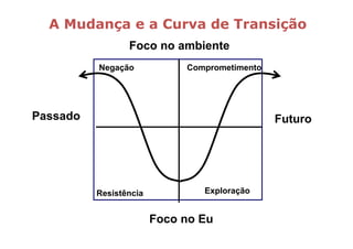 A Mudança e a Curva de Transição
                 Foco no ambiente
          Negação            Comprometimento




Passado                                        Futuro




          Resistência           Exploração


                        Foco no Eu
 