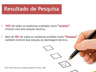 Fonte: Best Practices in Change Management Prosci, 2007
Resultado de Pesquisa
• 100% de todas as mudanças avaliadas como “sucesso”
tiveram uma boa solução técnica;
• Mais de 98% de todas as mudanças avalidas como “fracasso”
também tiveram boa solução ou abordagem técnica.
 