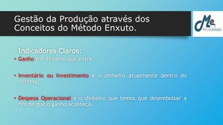 Gestão da Produção através dos 
Conceitos do Método Enxuto. 
Indicadores Claros: 
• Ganho é o dinheiro que entra; 
• Inventário ou Investimento é o dinheiro atualmente dentro do 
sistema; 
• Despesa Operacional é o dinheiro que temos que desembolsar a 
fim de que o ganho aconteça. 
 