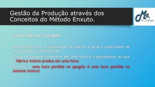 Gestão da Produção através dos 
Conceitos do Método Enxuto. 
Custo de um Gargalo 
• Nós sabemos que a capacidade da fábrica é igual a capacidade de 
seus gargalos, certo? Então.... 
• O que os gargalos produzem em uma hora é o equivalente ao que 
a fábrica inteira produz em uma hora; 
• Por isso....uma hora perdida no gargalo é uma hora perdida no 
sistema inteiro! 
 