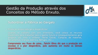 Gestão da Produção através dos 
Conceitos do Método Enxuto. 
Subordinar a Fábrica ao Gargalo 
• Produção empurrada gera desperdícios! 
Quando se trabalha com alto inventário, você coloca os recursos 
disponíveis para trabalhar para o ganho futuro e consequentemente gera 
gargalos por todo o sistema. Horas Extras, Compras de material, 
ferramentas, Energia elétrica, Refugos, etc... 
Compromete seu fluxo de caixa...Taiichi Ohno diz que a produção em 
excesso é o pior desperdício, pois aumenta em muito os demais 
desperdícios. 
 