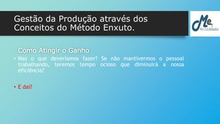 Gestão da Produção através dos 
Conceitos do Método Enxuto. 
Como Atingir o Ganho 
• Mas o que deveríamos fazer? Se não mantivermos o pessoal 
trabalhando, teremos tempo ocioso que diminuirá a nossa 
eficiência? 
• E dai? 
 